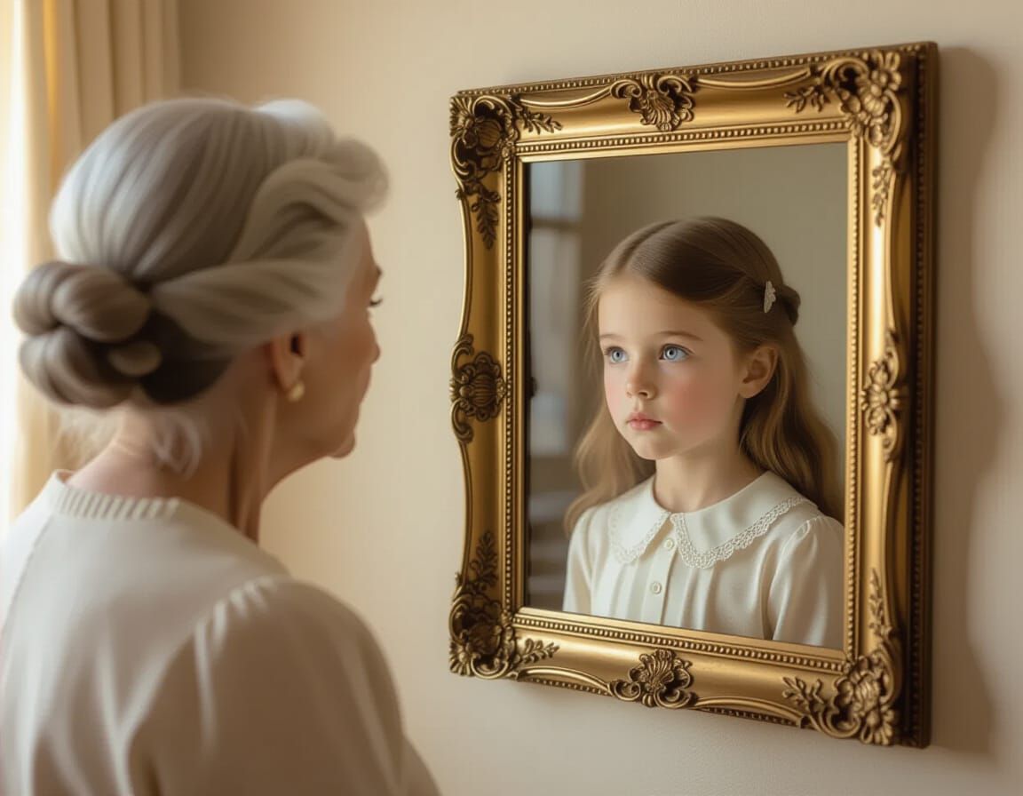 Elderly Woman Reflects on Youth in Dreamlike Room