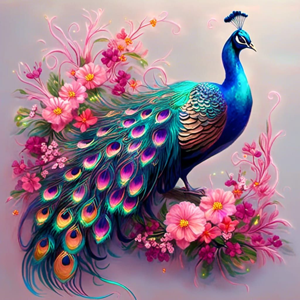 Peacock with Neon and Floral Tail
