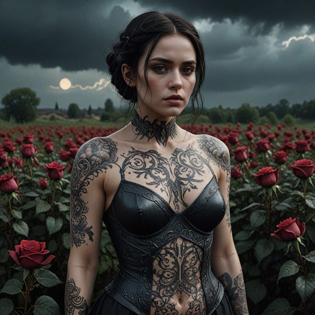 Ethereal Woman with Tattoos in Wilting Rose Field