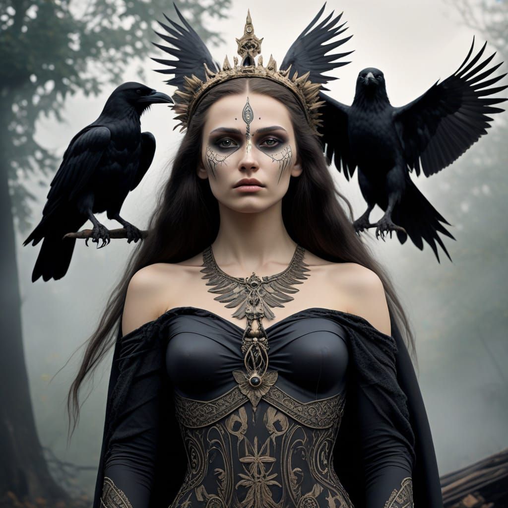 Slavic Goddess of Morana with a Crow on Her Shoulder