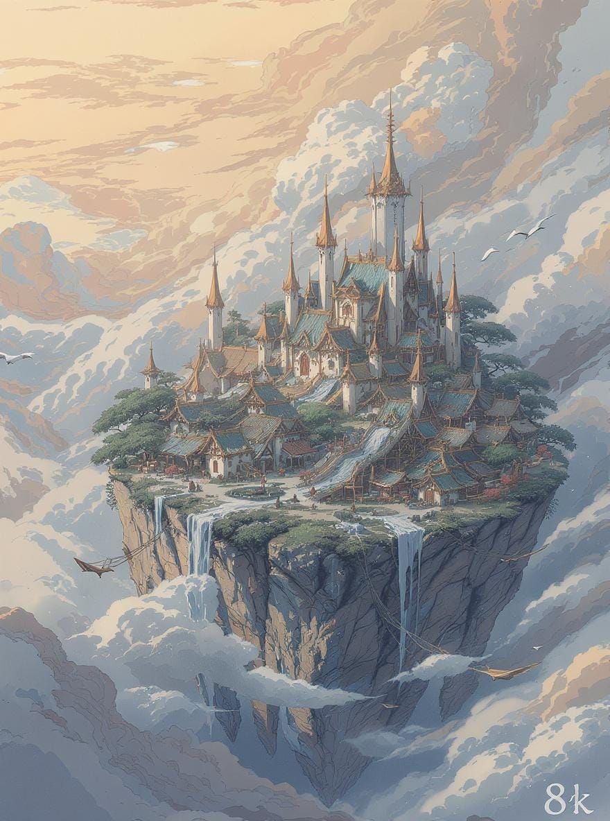 Floating Island Village in Anime Graphic Novel Style