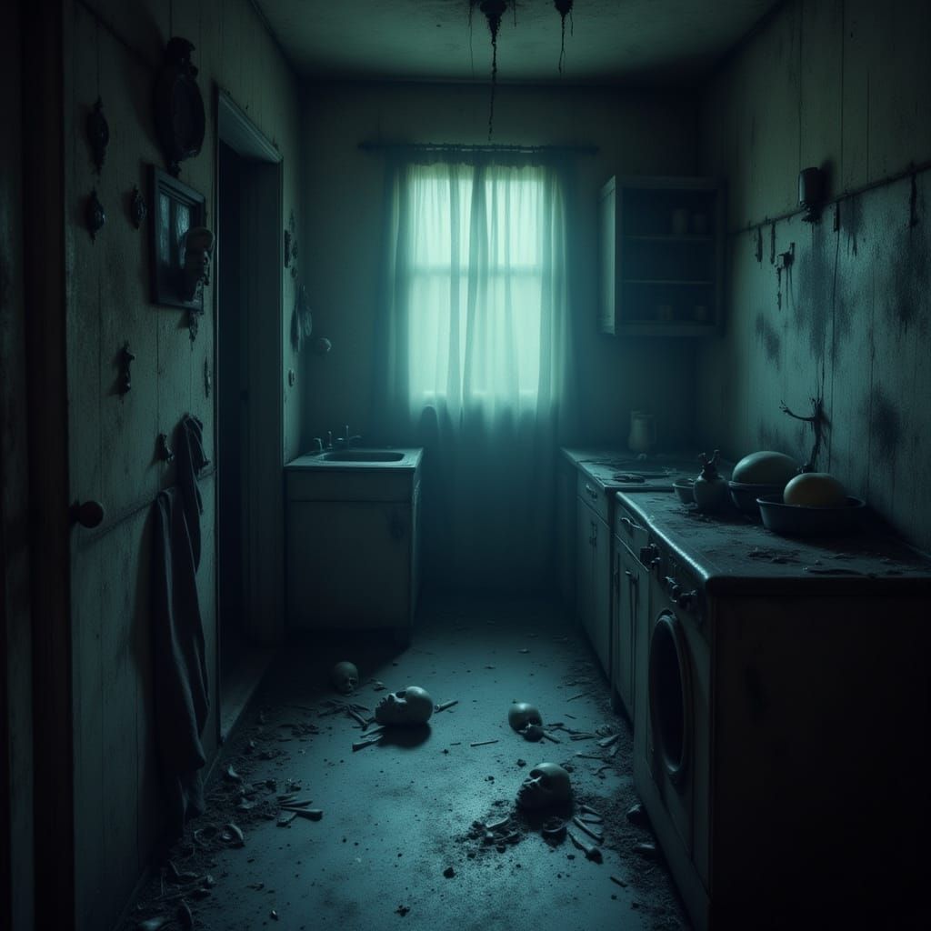 Haunted Kitchen with Ethereal Light and Terrifying Faces