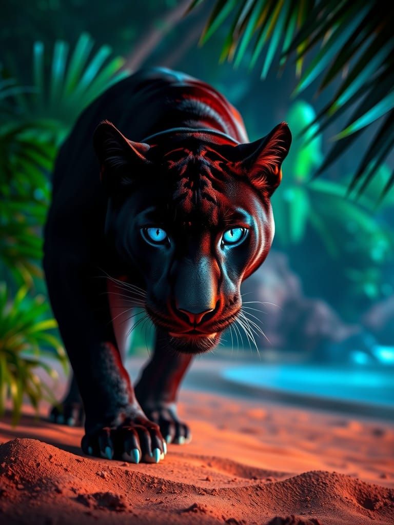 Landscape, beach, summer, jungle, Panther, glowing blue eyes...