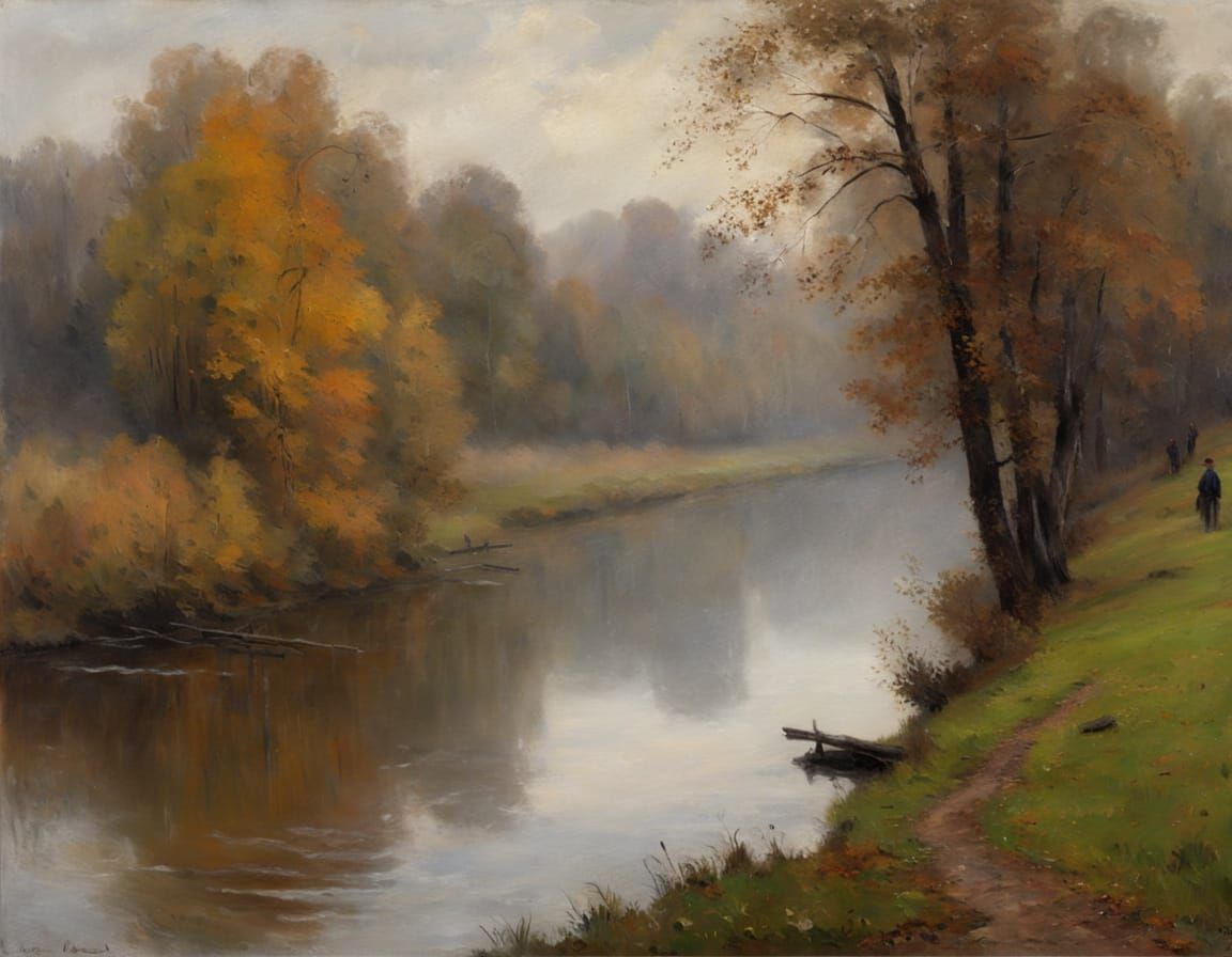 Autumn Riverbank in Poetic Realism Style