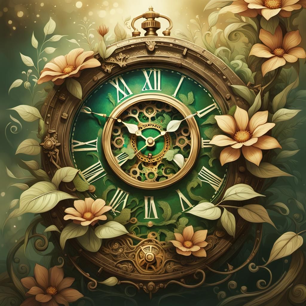Ornate Clock Bursting with Flowers: Art Nouveau Style
