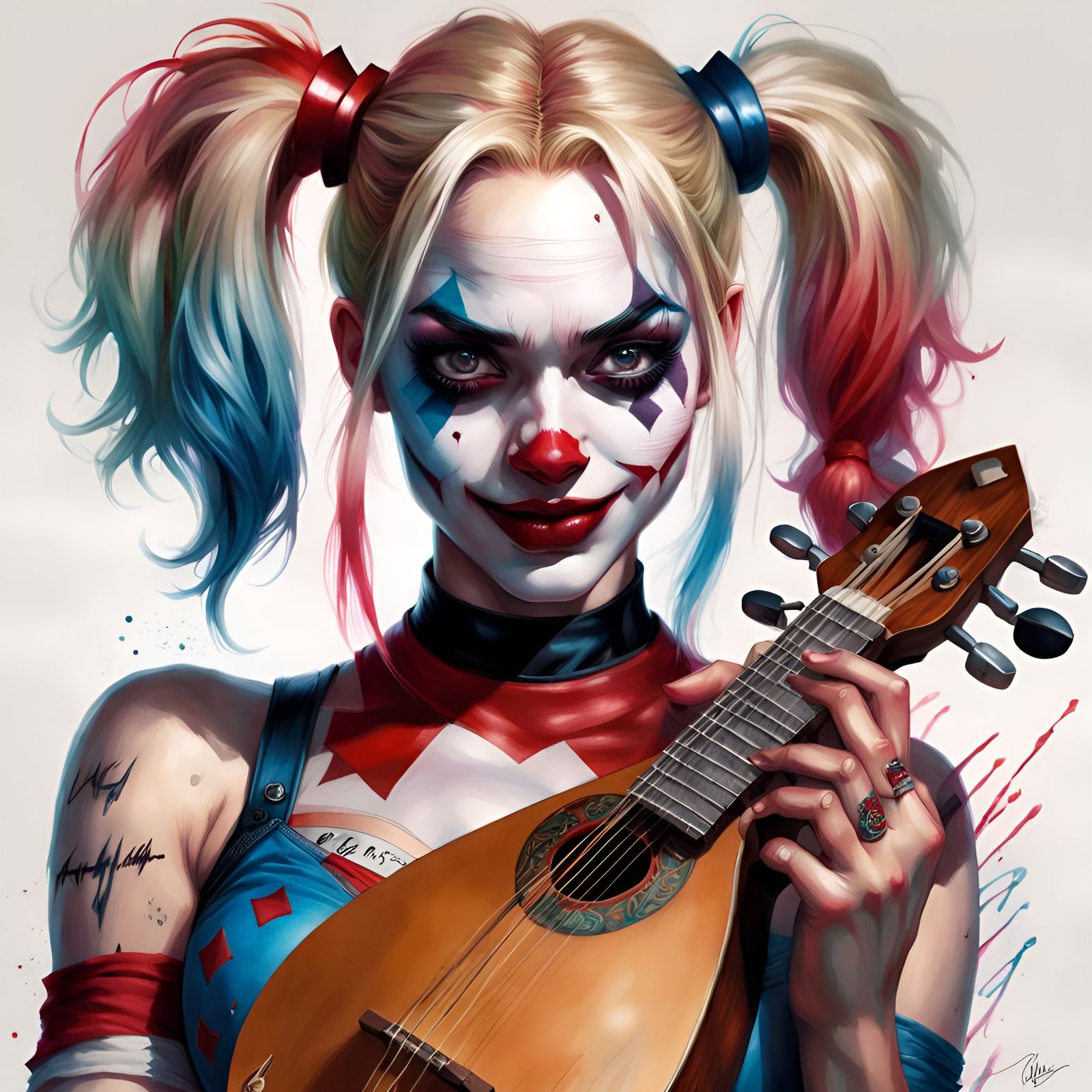 Harley Quinn Mandolin Portrait in Hyperrealistic Style