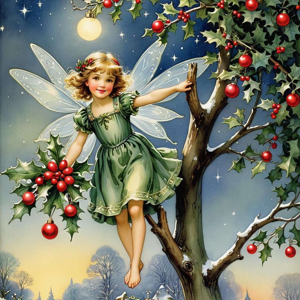 Whimsical Christmas Fairy Under Sparkling Tree