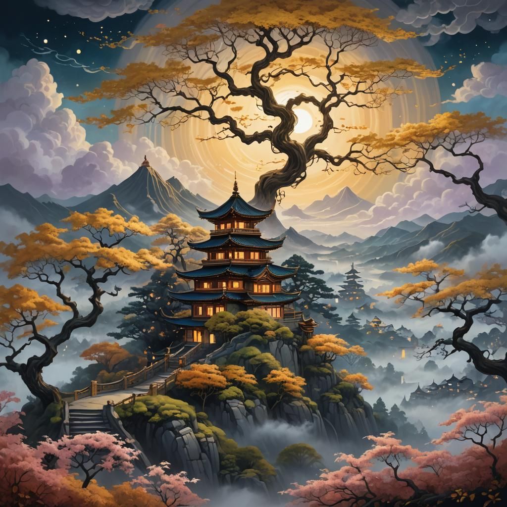 Mystical Pagoda in Dreamlike Fantasy Landscape