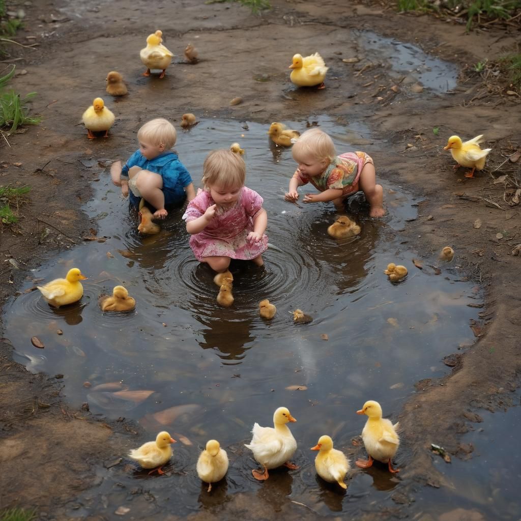 Toddlers and Ducks Splashing: Fairytale Art