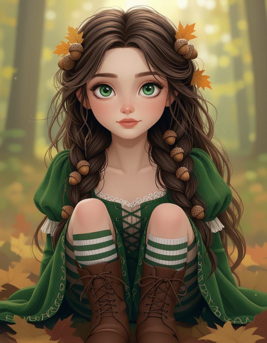 Forest Sprite with Acorn Hair and Green Dress