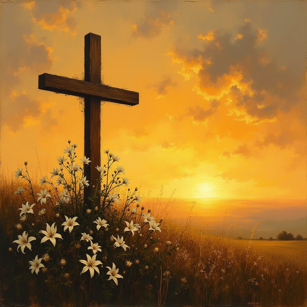 Solemn Golden Sunset Over Hilltop Cross with Blooming Lilies