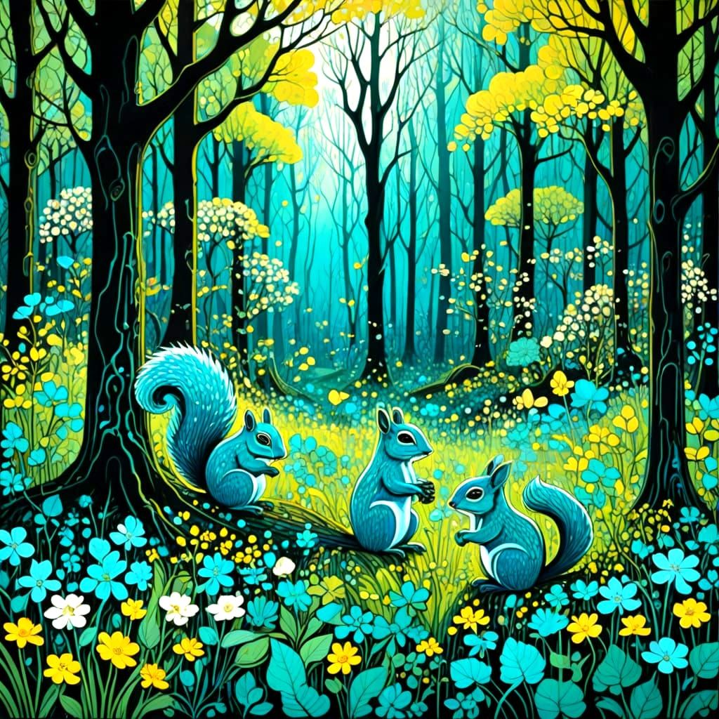 Whimsical Forest Scene in Vibrant Polychromatic Style