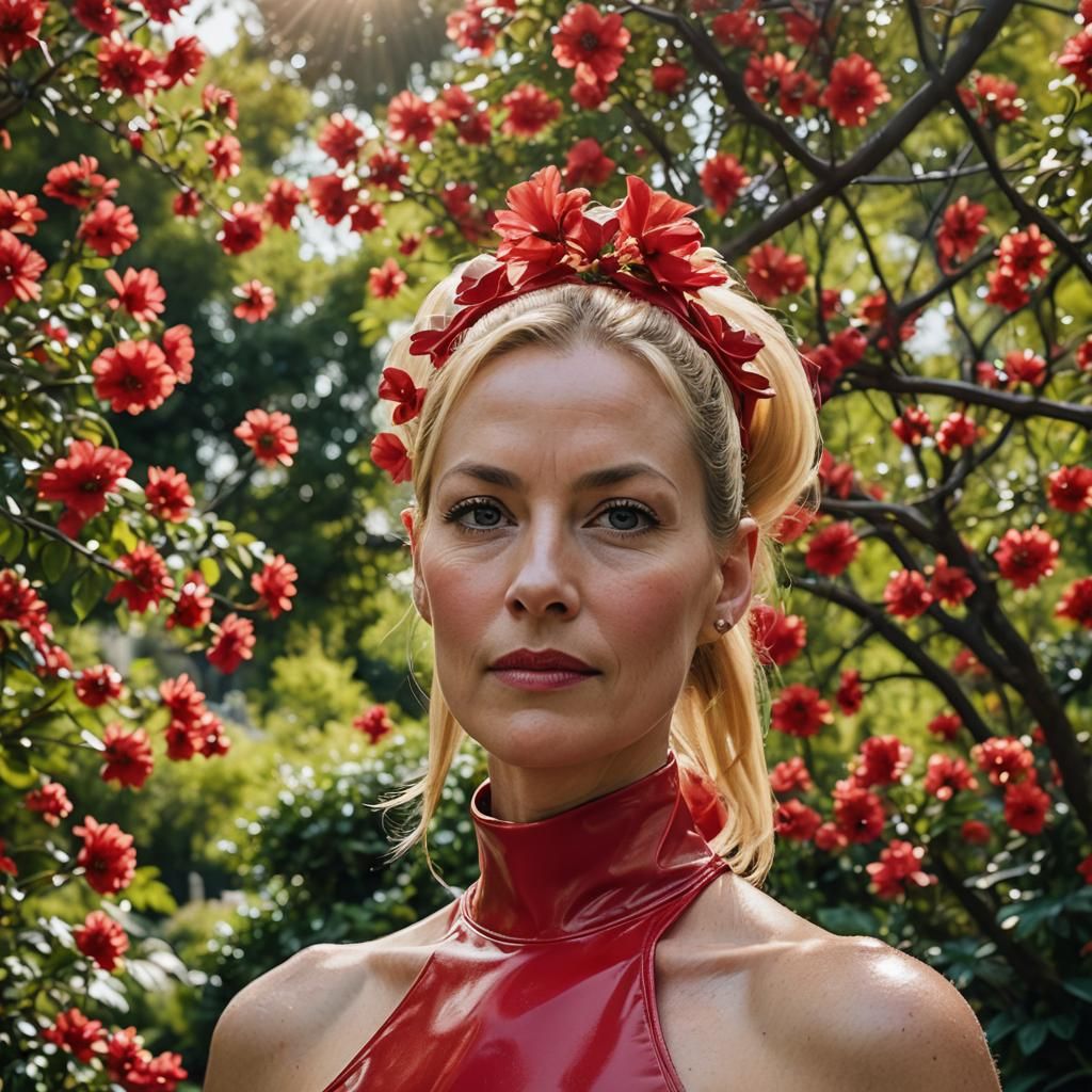 Portrait of Blonde Woman in Red Latex Dress