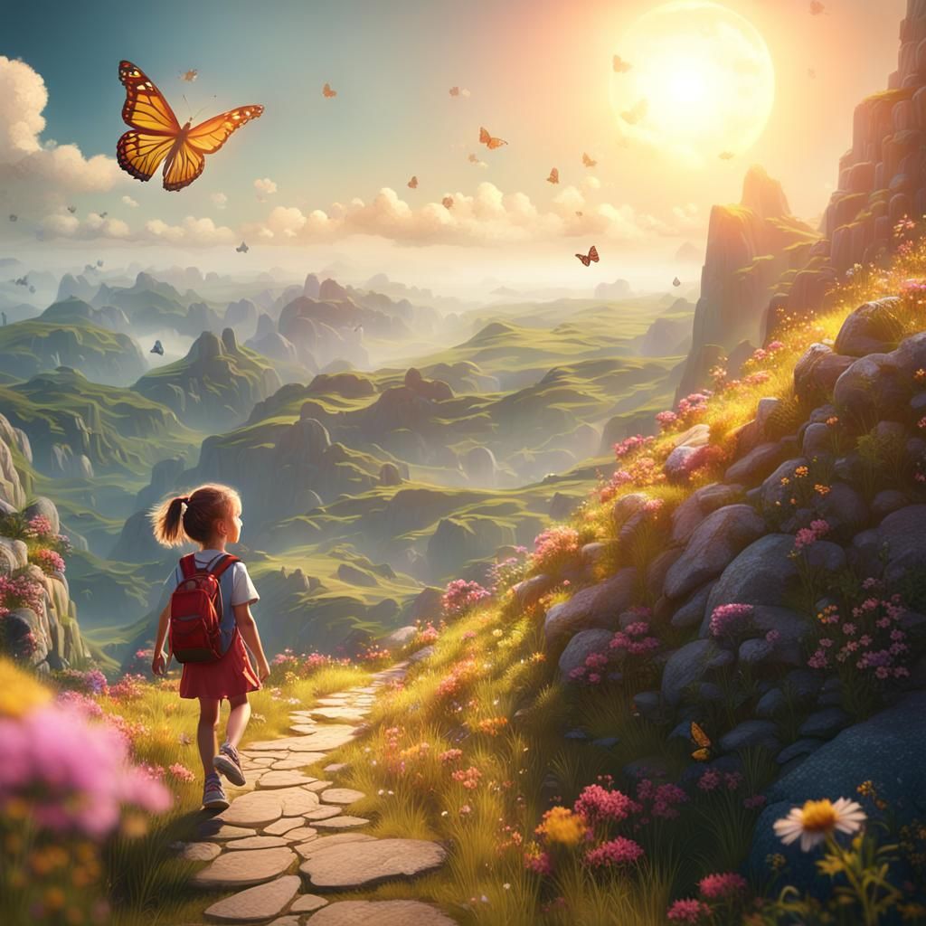 Girl Hiking in Sunny Mountain Landscape