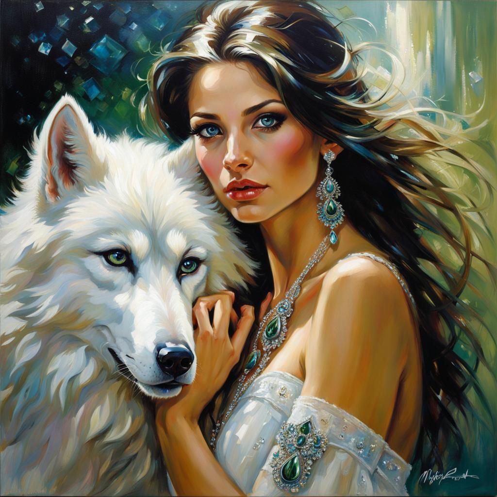 Brunette and Wolf Portrait with Crystals, in Style of Garmas...