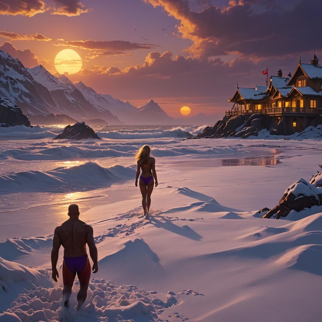 Snowy Baywatch Sunset: Dark Fantasy Concept Art