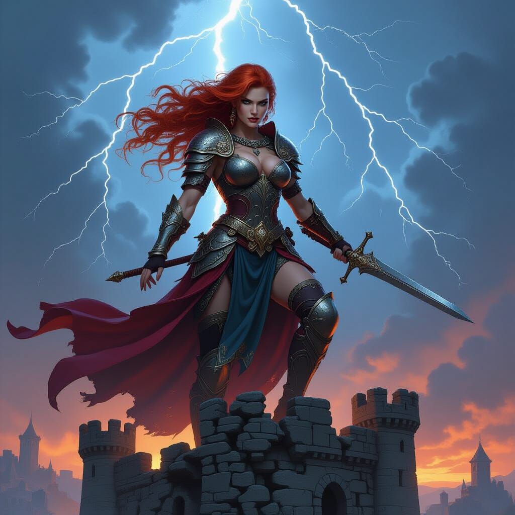 Warrior Princess on Castle Tower in Dark Fantasy Style