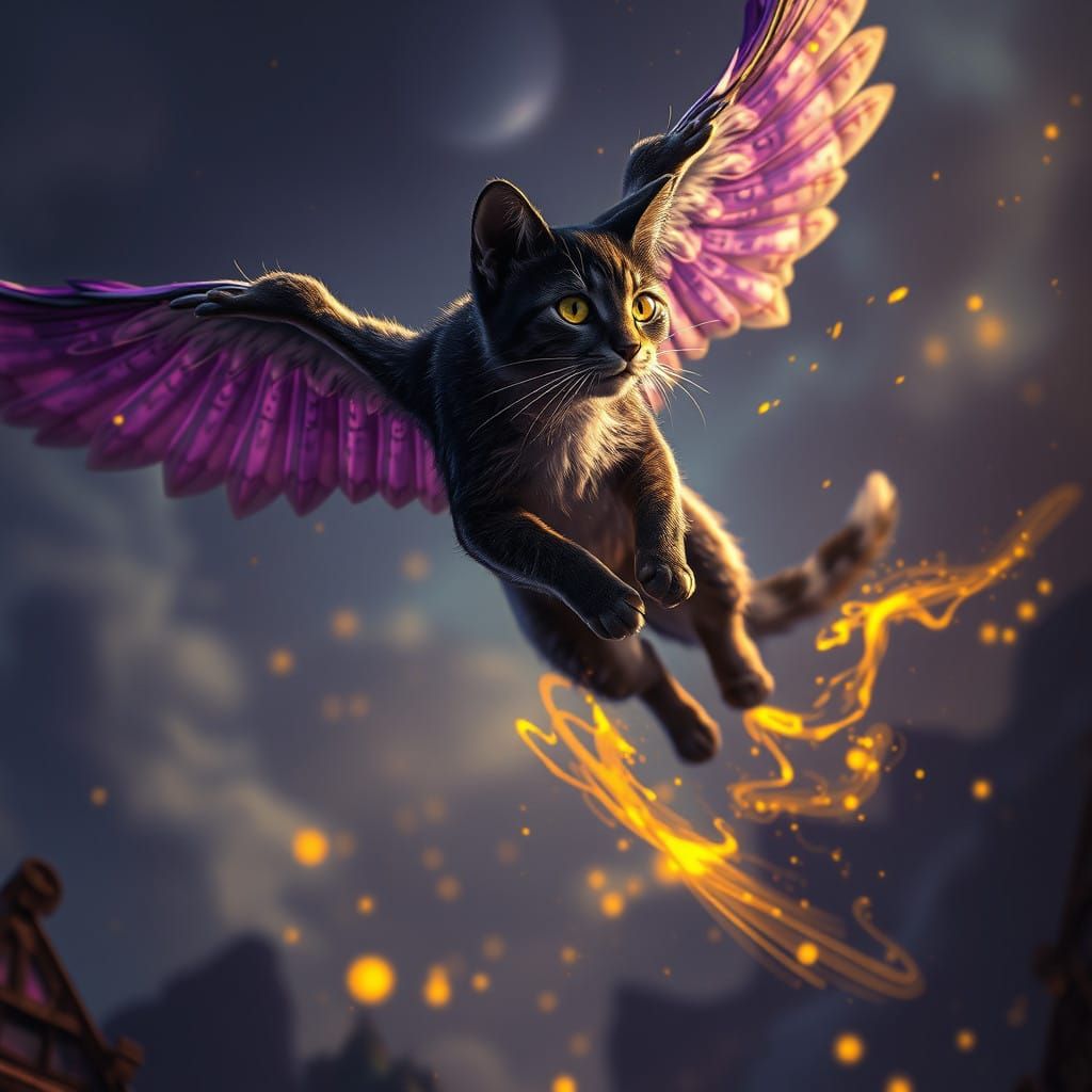 Dark Fantasy Flying Cat in Vibrant Hues