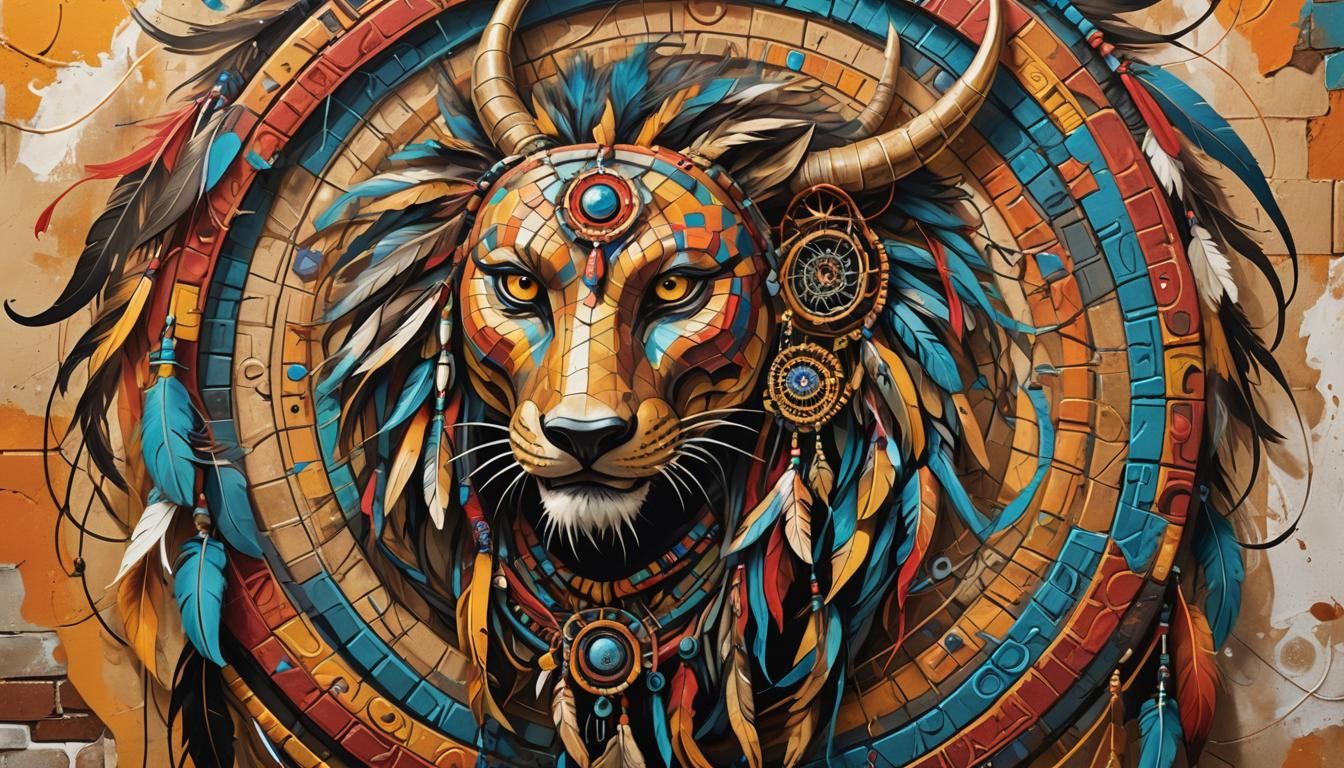 Native American Serpent Mural in Abstract Graffiti Style