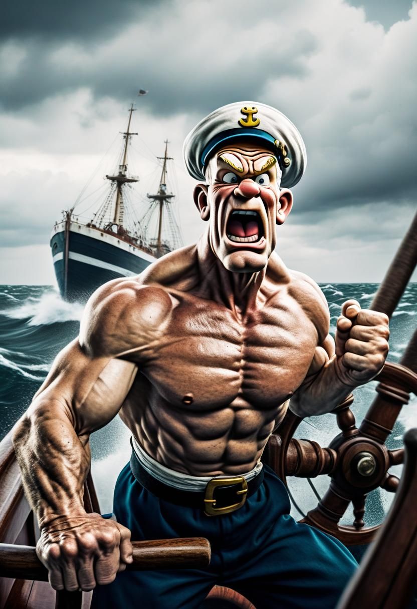 popeye the sailor man holding fast to the helm of a ship in rough seas