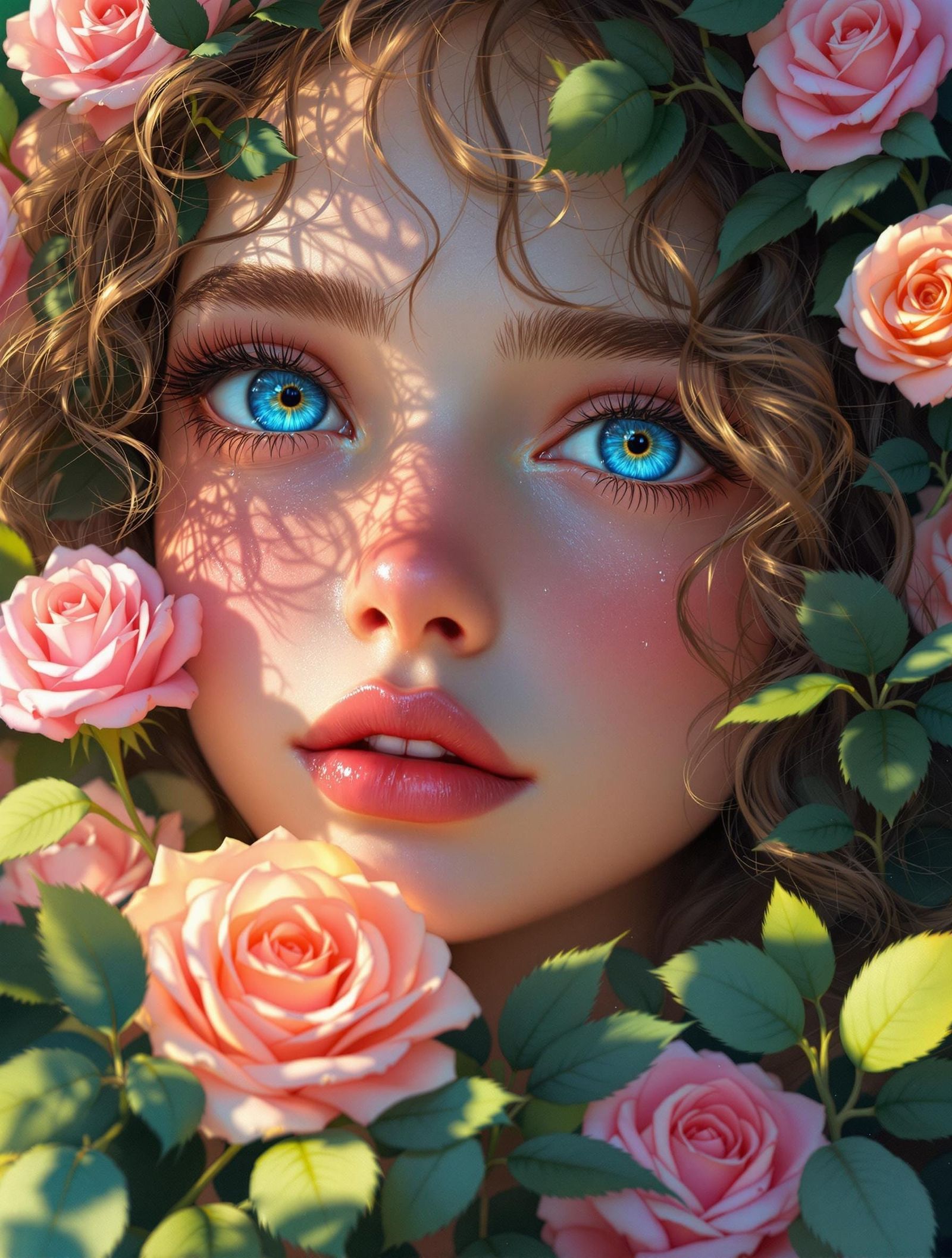 Girl Surrounded by Roses in a Dreamy, Anime-Inspired Artwork