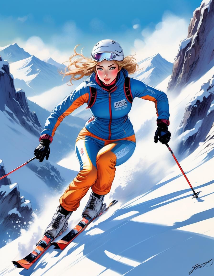 Alluring Skier in Comic Book Art Style