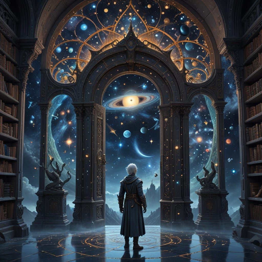 Celestial Library with Door to Unknown Realm