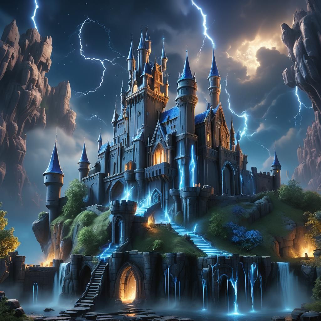 Fantasy Castle Floating in Galaxy Lightning
