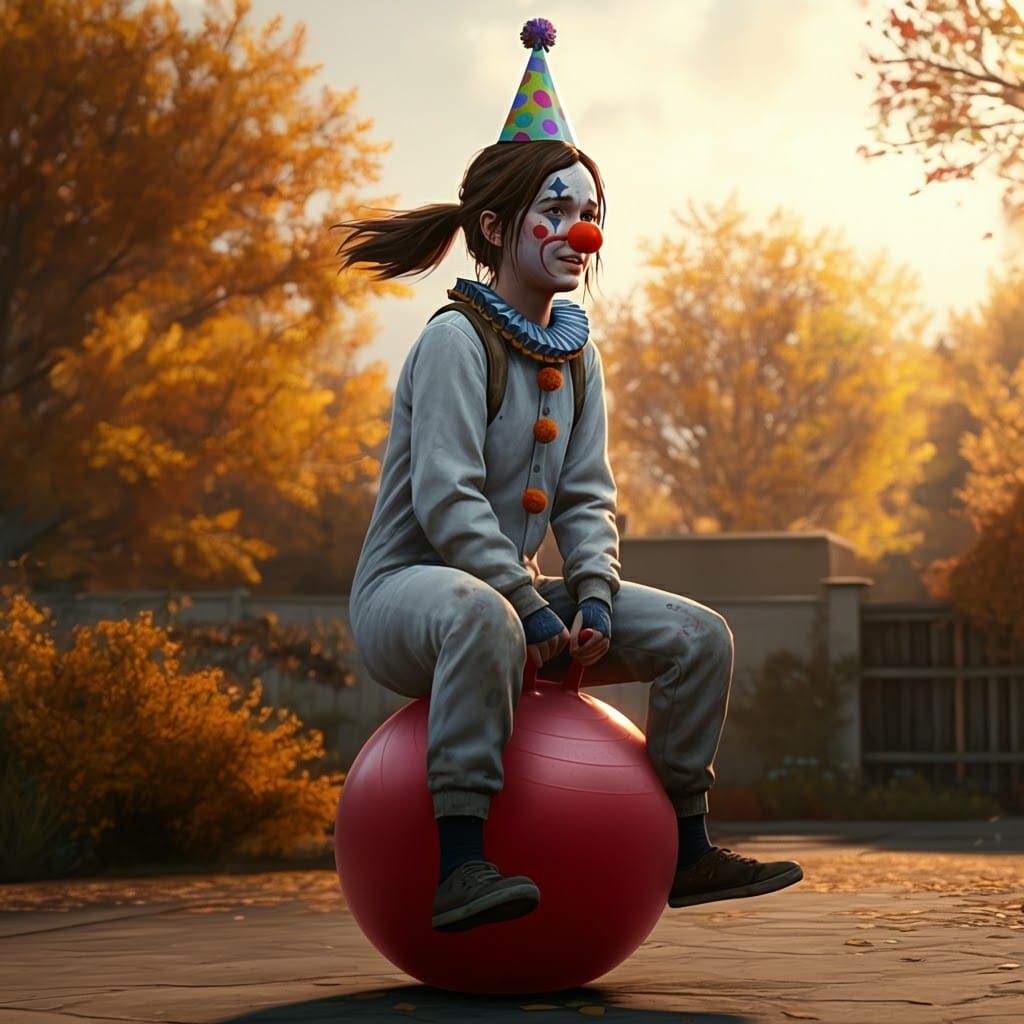 Ellie as Clown in Autumn Backyard, Hyperrealistic HDR Photo