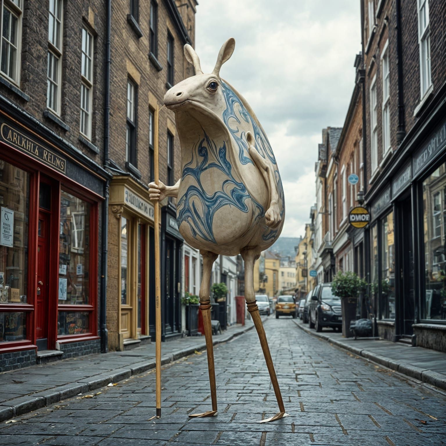 Whimsical Cheese Character Walks Surreal British Street on S...