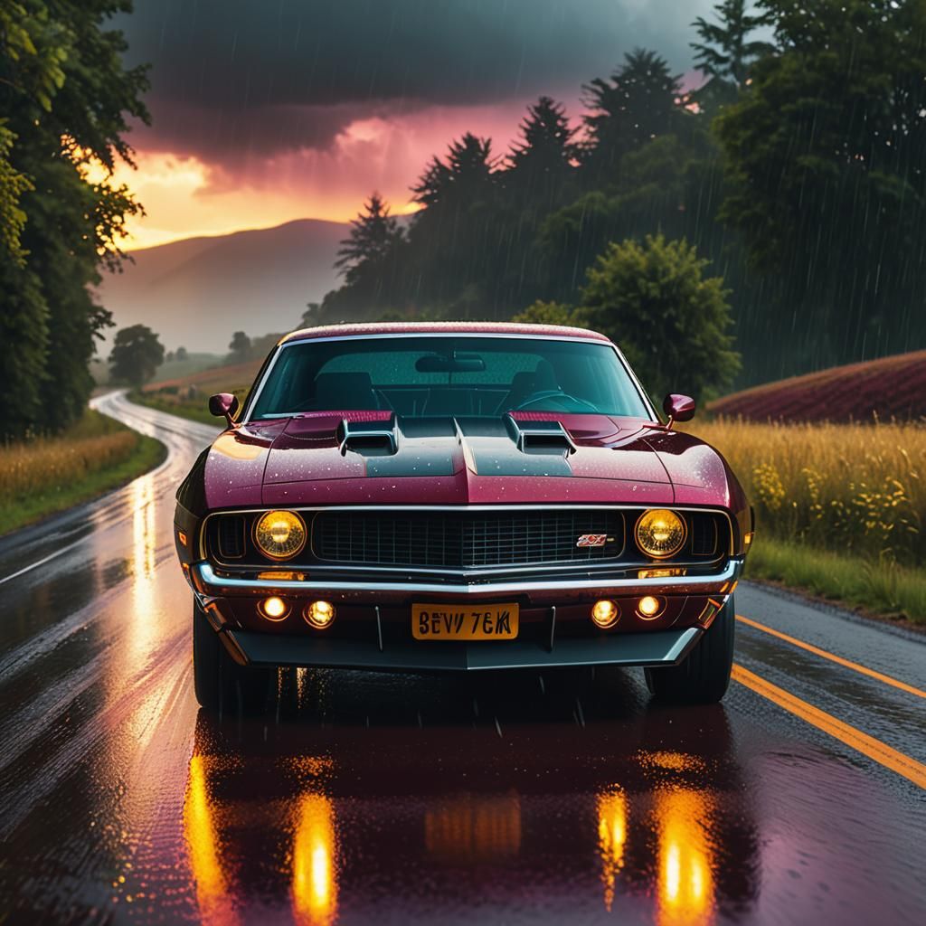 Futuristic Muscle Car on Rainy Road, Automotive Photography