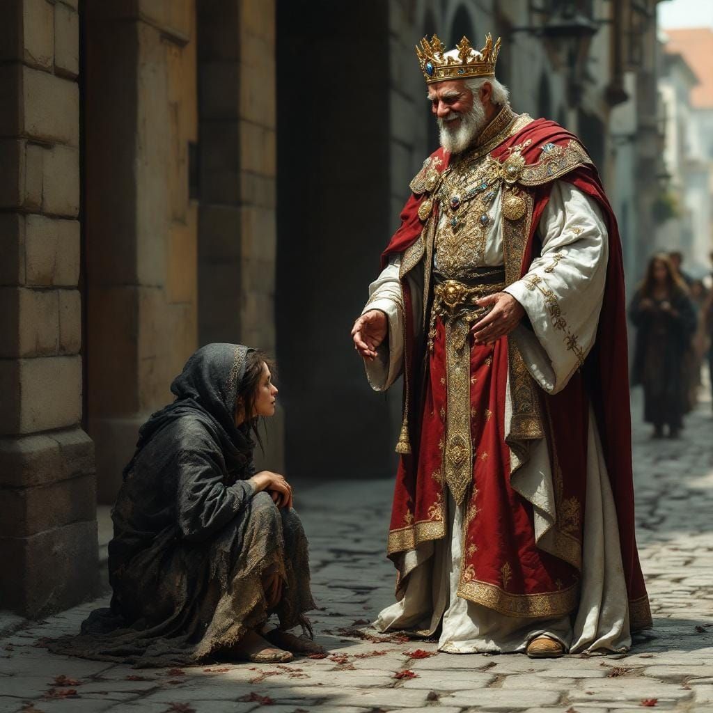 King Meets Beggar Girl in Hyperrealistic Style
