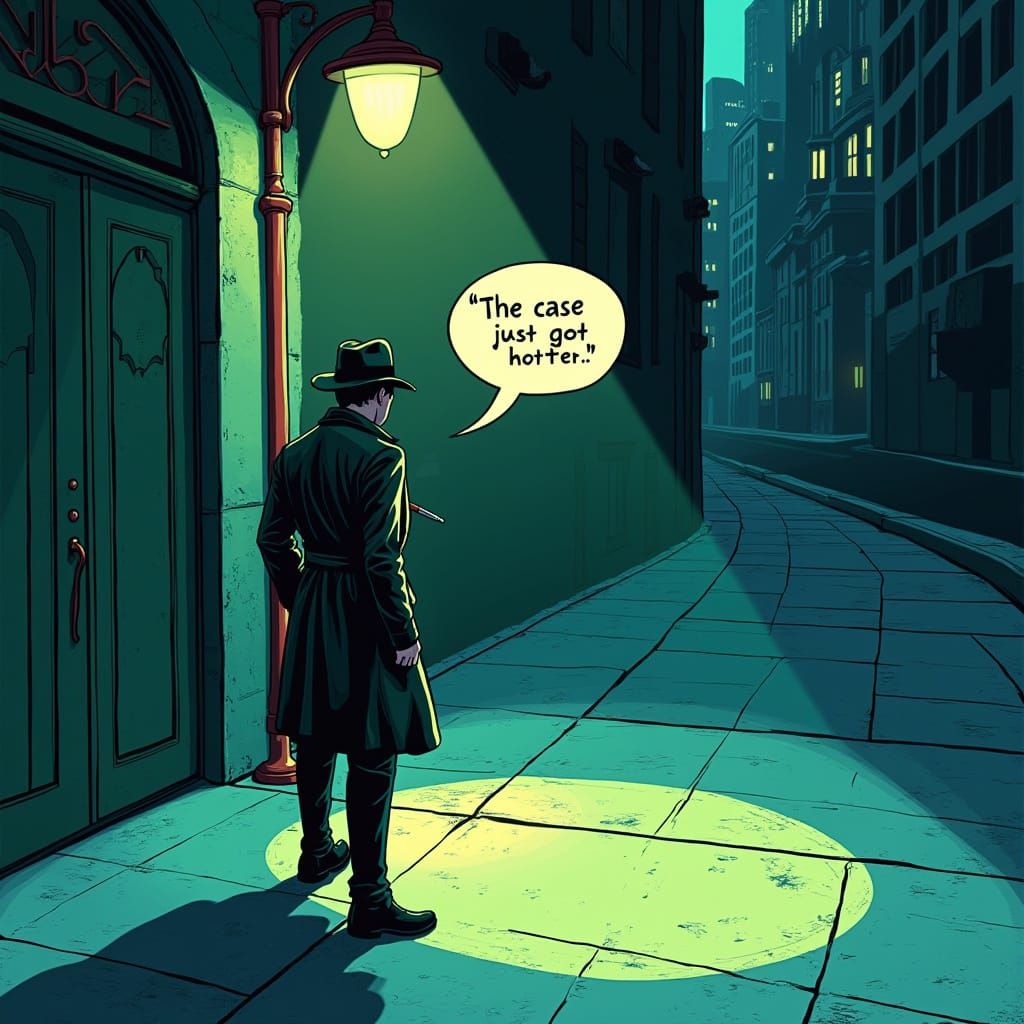 Detective Under a Gritty Streetlamp in Noir Comic Style