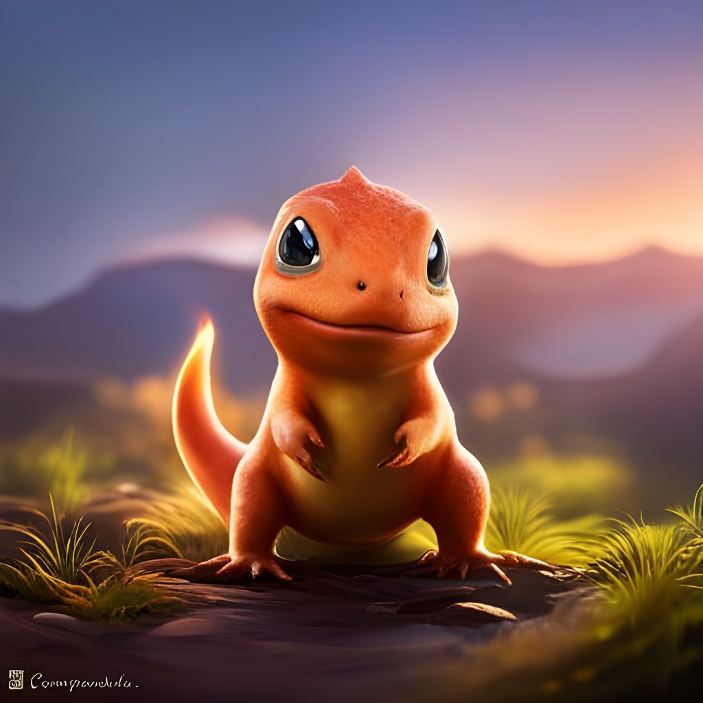 Photorealistic Charmander Portrait in Golden Hour