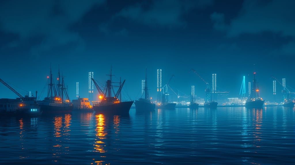 Serene Night Harbor Reflecting City Lights