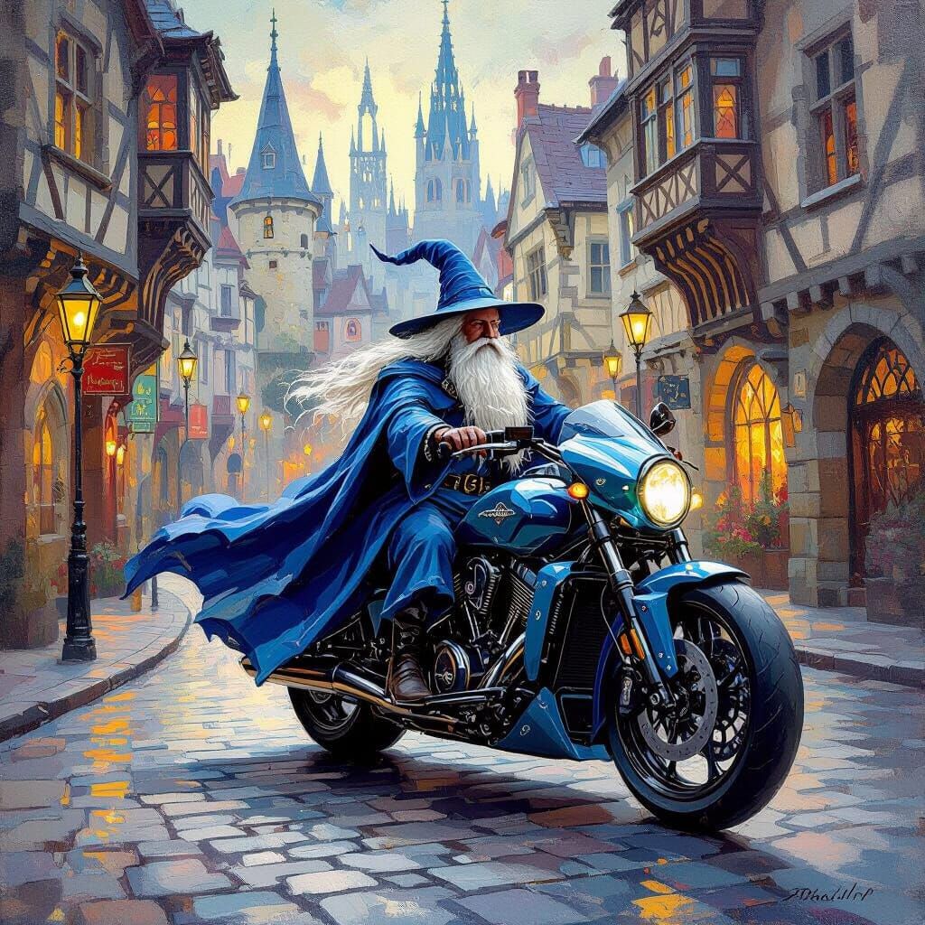 Wizard on Futuristic Motorcycle in Medieval City