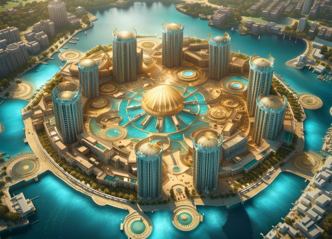 Hyperdetailed Atlantis Cityscape in Gold and Aqua