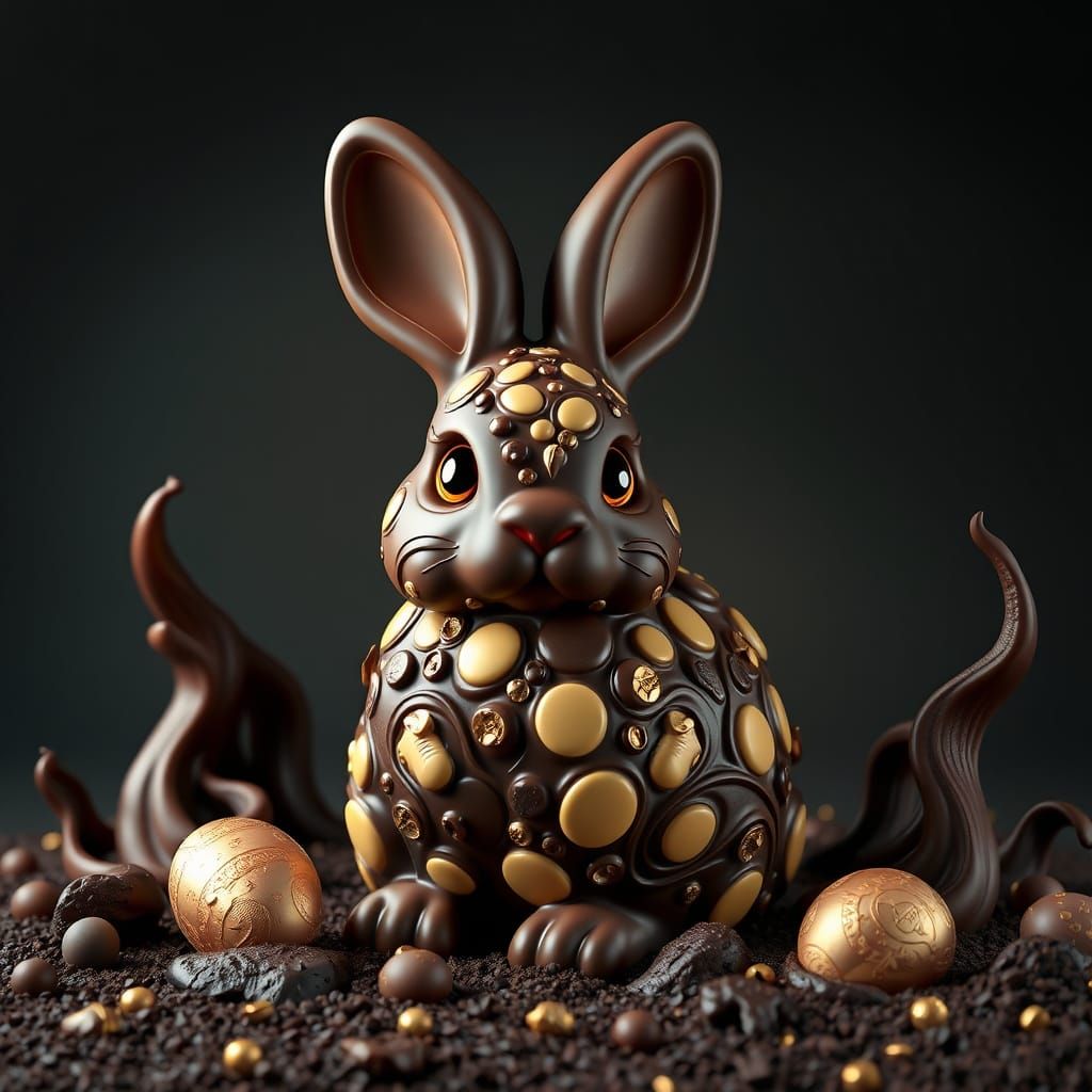Whimsical Chocolate Easter Bunny in Dreamlike Landscape