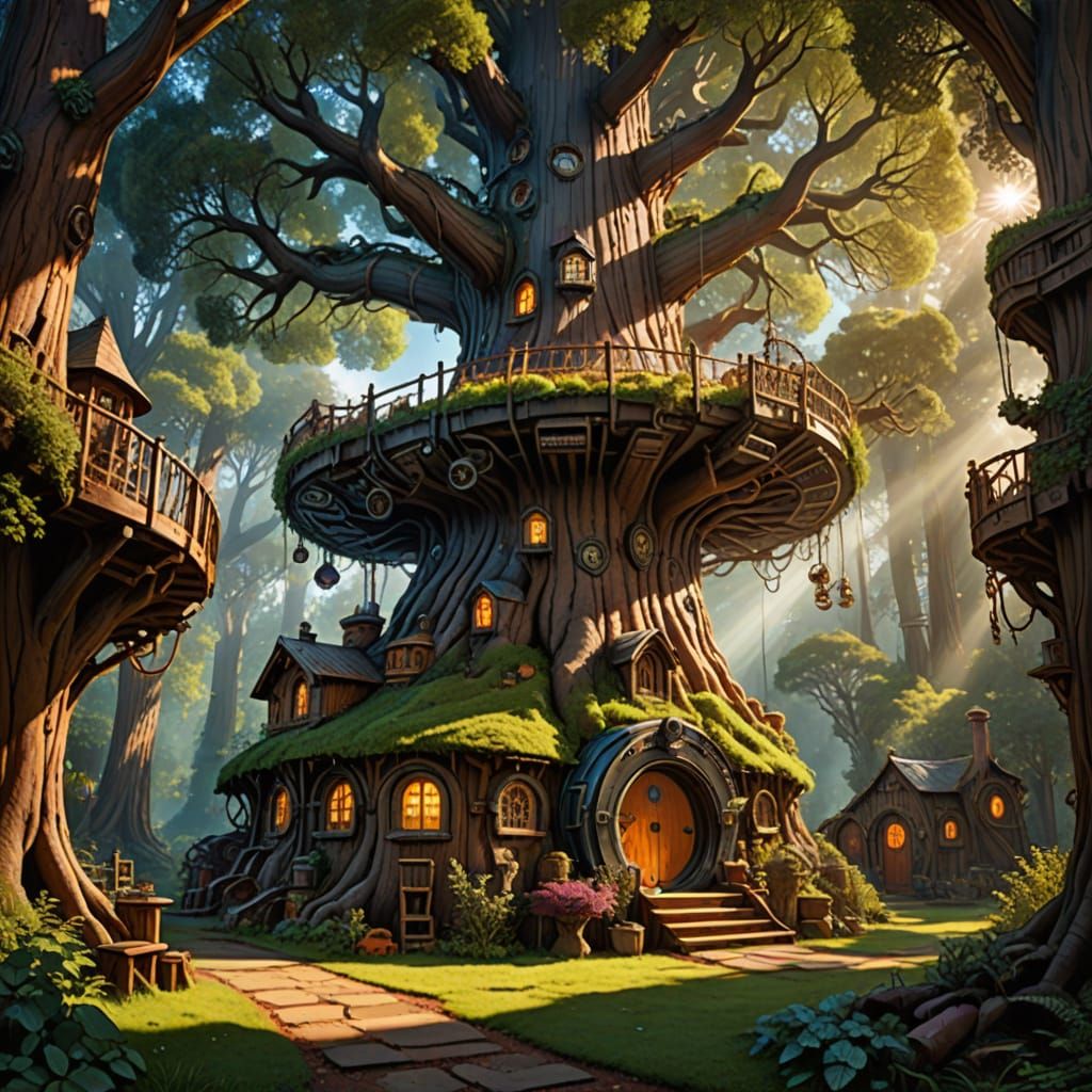 A Steampunk Sequoia Tree House Sits Serenely in an Enchanted...