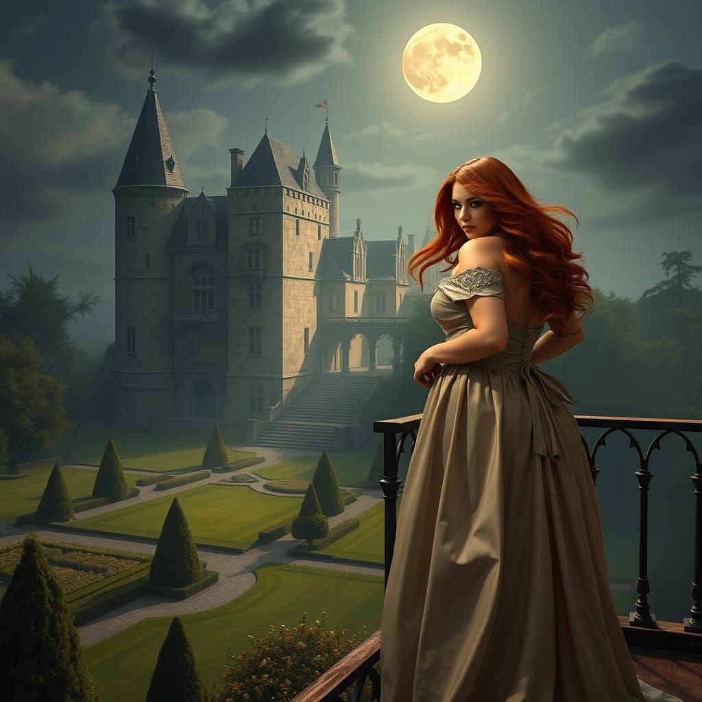 Gothic Woman Overlooking Moonlit Garden