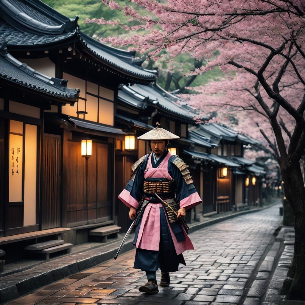 Samurai in Serene Kyoto Cherry Blossom Scene