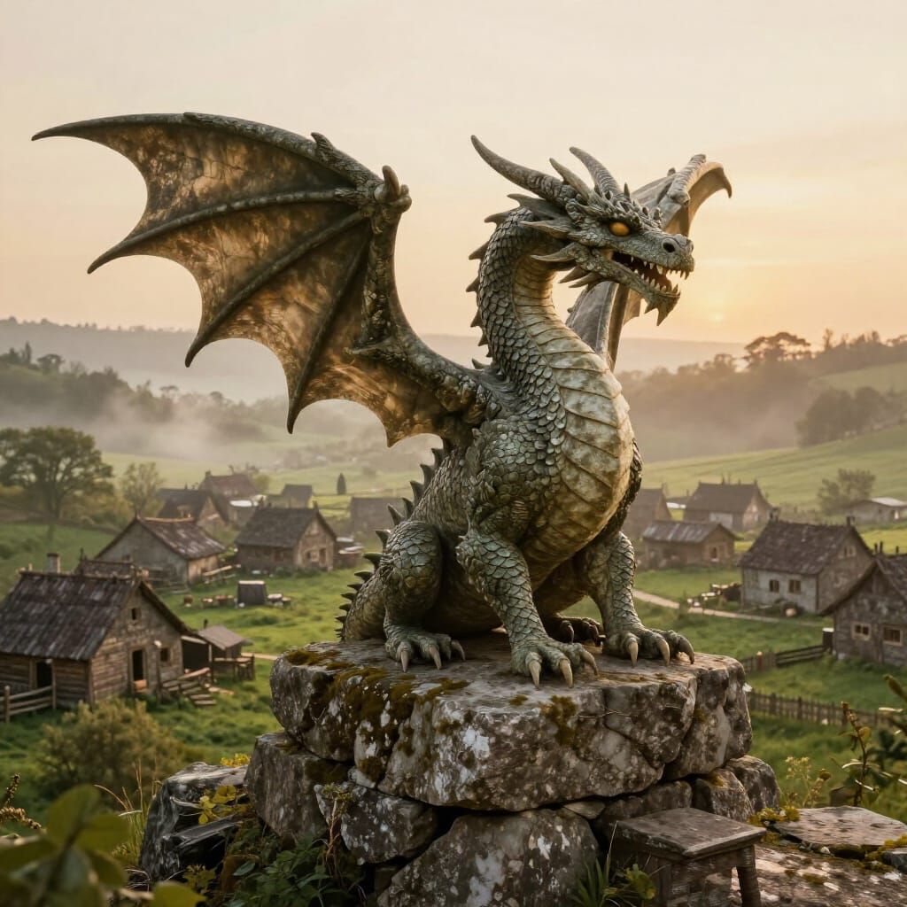 Stone Dragon Overlooking Ancient Village in Golden Hour Ligh...
