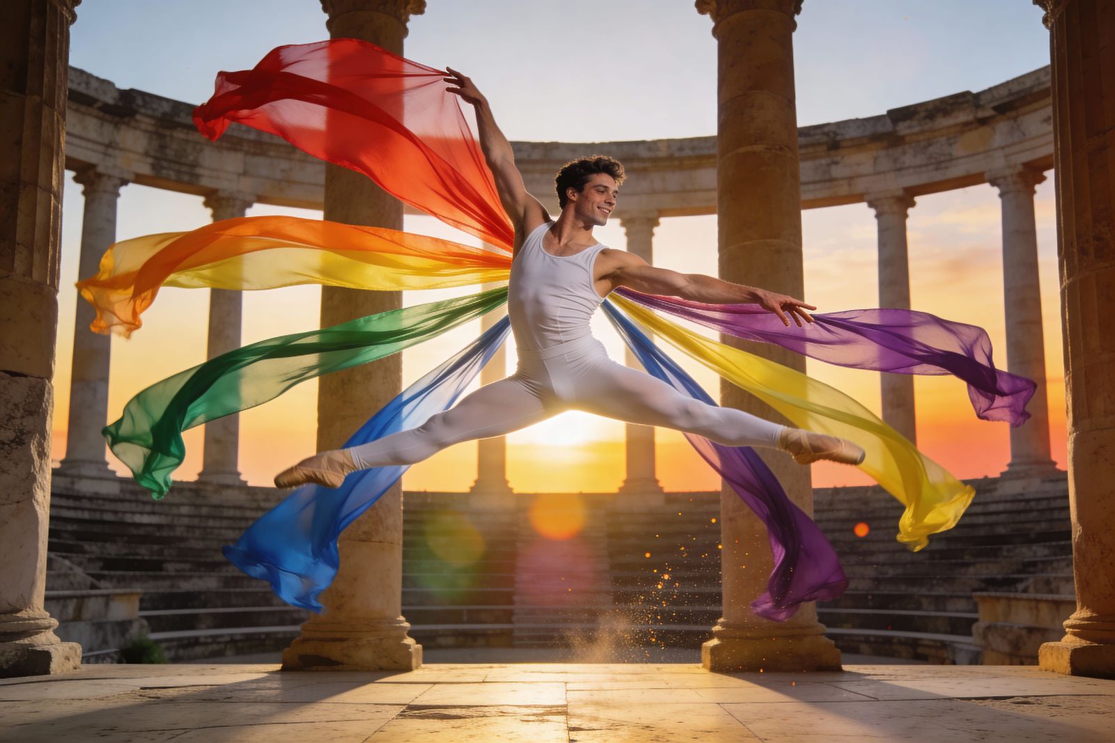 Ballet Dancer Leaps with Rainbow Silk Scarves at Sunset
