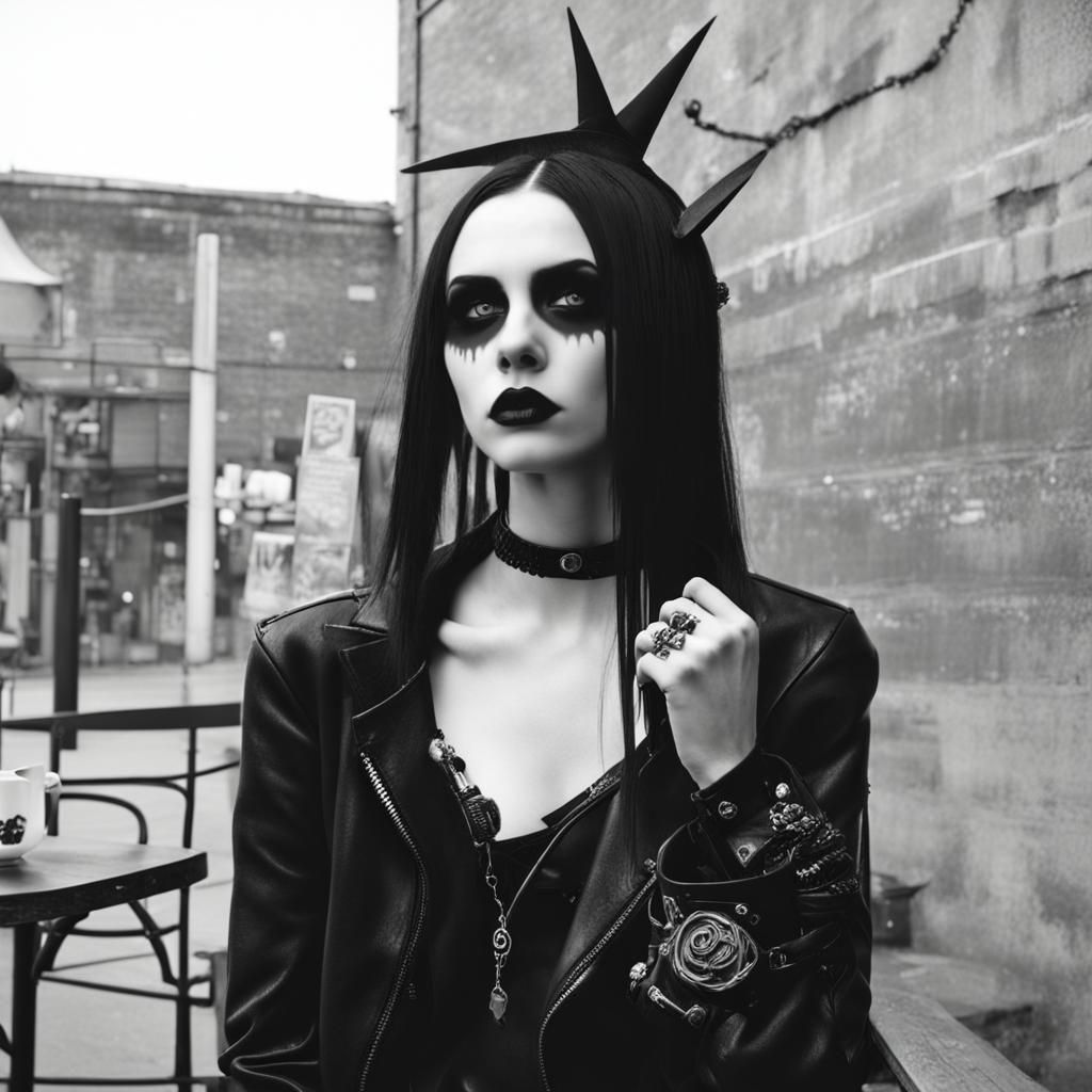 Goth Fashion Model in Coffee Shop
