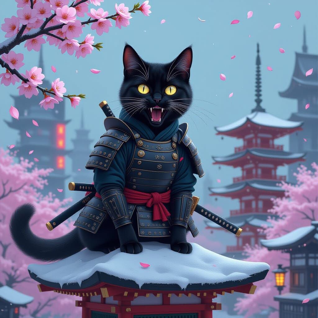 Cyberpunk Samurai Cat on Pagoda with Cherry Blossoms