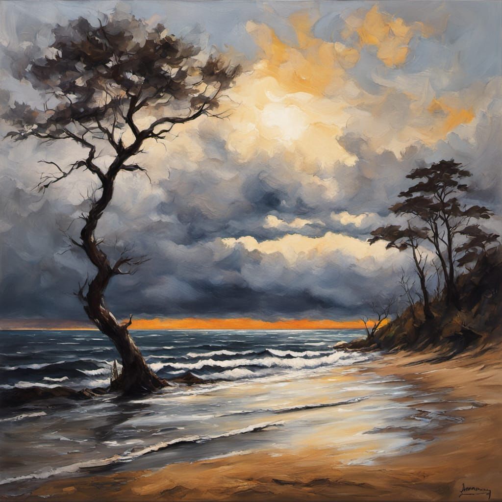 Dramatic Impressionist Oil Painting of Trees Over Sea