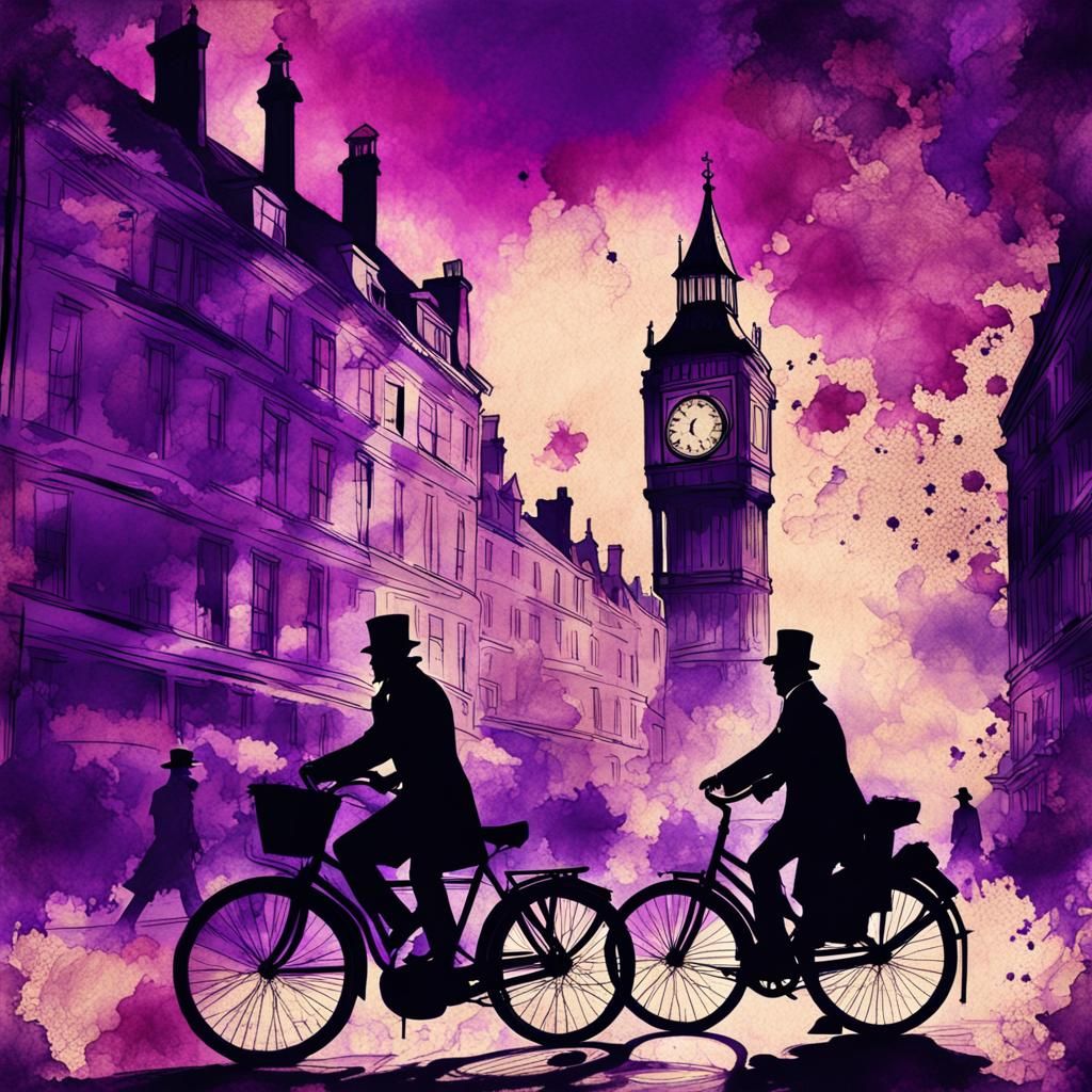 London Cyclists in Steampunk Ink Painting Style