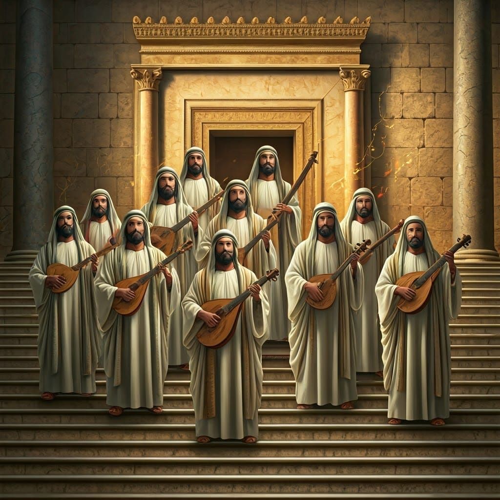 Levites in Traditional Attire Stand on Temple Steps in Jerus...