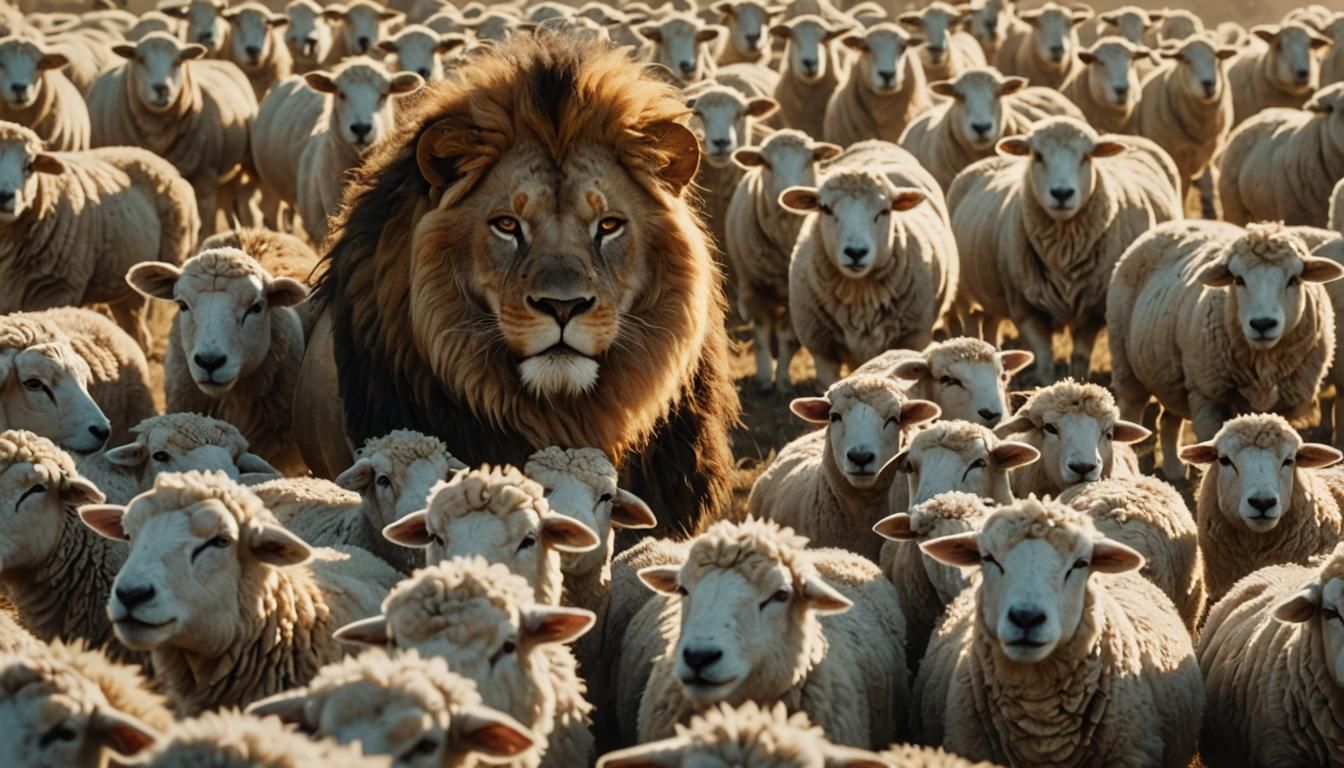 Lion Among Sheep in Golden Hour Light