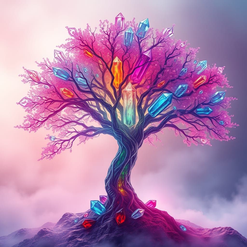Iridescent Rainbow Crystal Tree in Dreamlike Landscape